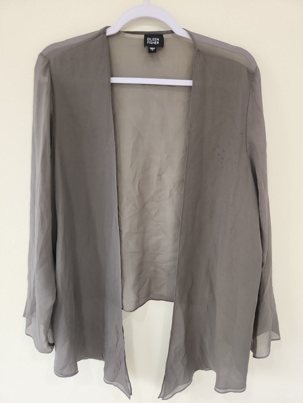 Eileen Fisher Sheer Silk Cardigan Gray Jacket and Silk Shirt L READ